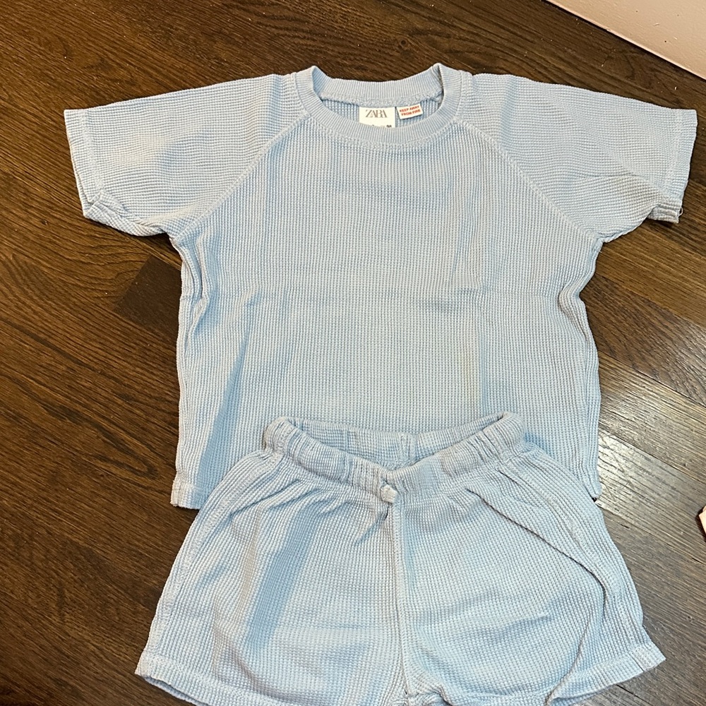 Zara Sky Blue Textured Tee and Shorts Set